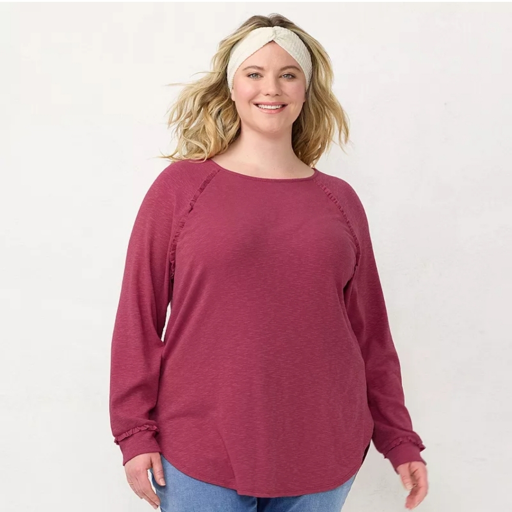 LC Lauren Conrad Womens Raglan Ruffle Tunic Berry Wine Chalet Top Plus Size 1X